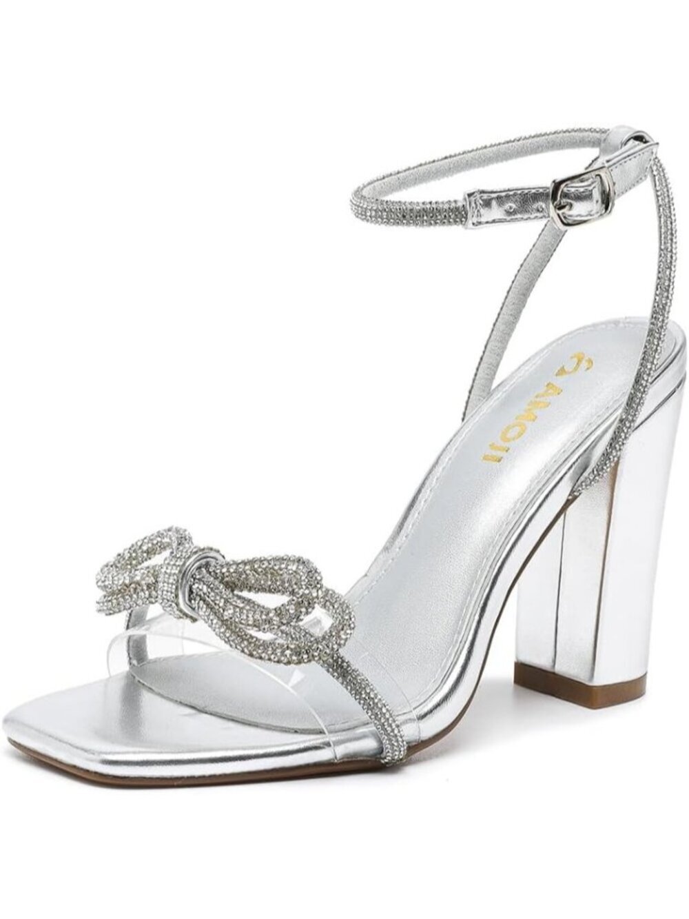 Women's Pu Silver 4 Inch Rhinestone Bowknot Block Heels Open Toe Heeled Sandals